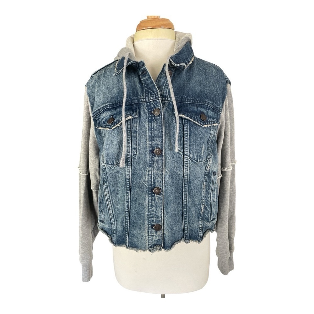 We The Free Throwback Blue Denim & Knit Raw Hem Jacket/Hoodie - Picture 7 of 7